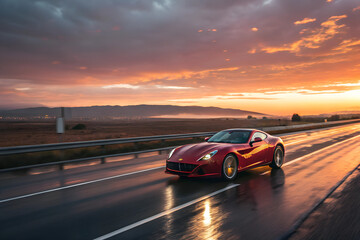 Fototapeta premium Luxury sports car driving on an empty highway at sunrise