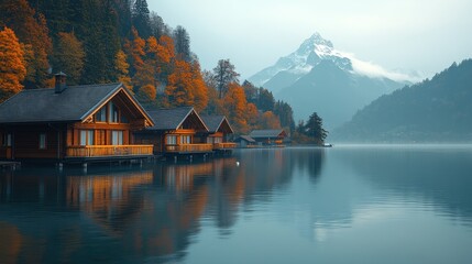 Fototapeta premium Autumn lakefront cabins, misty mountain view
