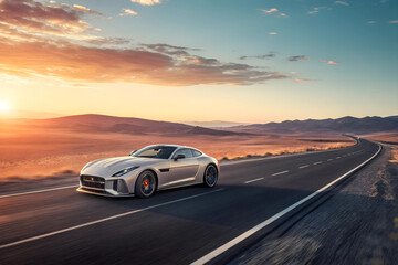 Fototapeta premium Luxury sports car driving on an empty highway at sunrise
