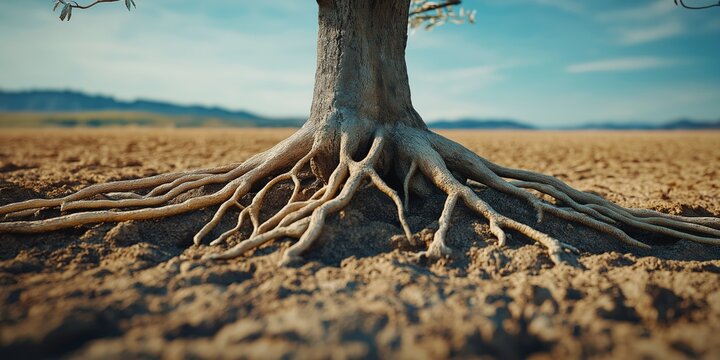 Focus on Roots: Exposed roots gripping the parched ground, symbolizing resilience and survival.