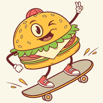 Energetic cartoon burger balancing perfectly while skating with style.