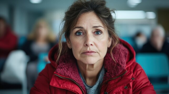 A middle-aged woman in a red jacket gazes deeply into the camera, exuding an array of emotions that resonate with life experiences amid a busier background of waiting people.