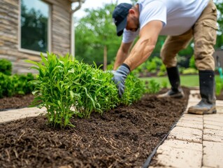 Fototapeta premium A gardener plants new greenery in a landscaped garden area.