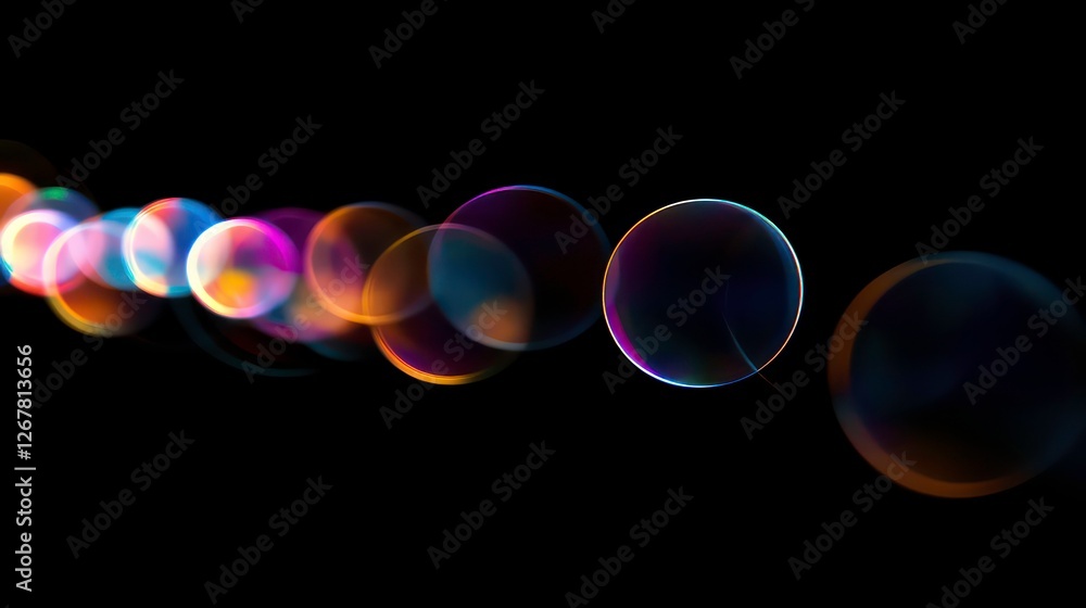 Poster abstract colorful soap bubbles in motion against a black background. potential use in advertising fo