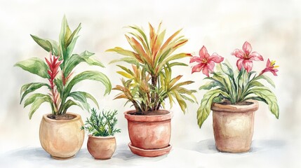 Obraz premium Vibrant Potted Plants Watercolor Painting - Four potted plants, including a bromeliad, a dracaena, and two flowering plants, are arranged in a watercolor painting on a white background