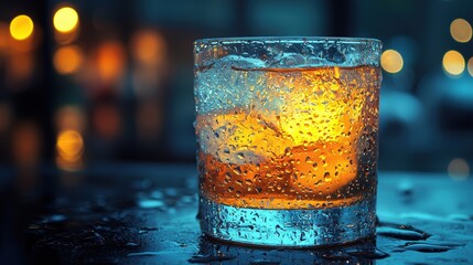A close-up of a glass with ice and a glowing liquid, set against a blurred background.
