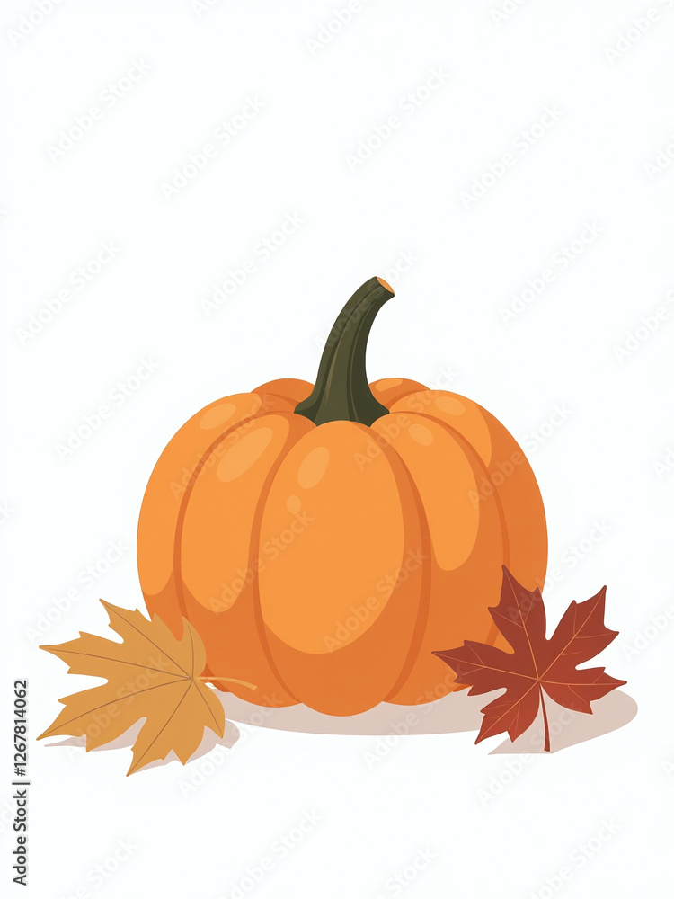 Poster A Single Pumpkin Sits Isolated Against A Plain White Background Surrounded By A Few Real Maple Leaves Of Varying Sizes And Shapes. 00002