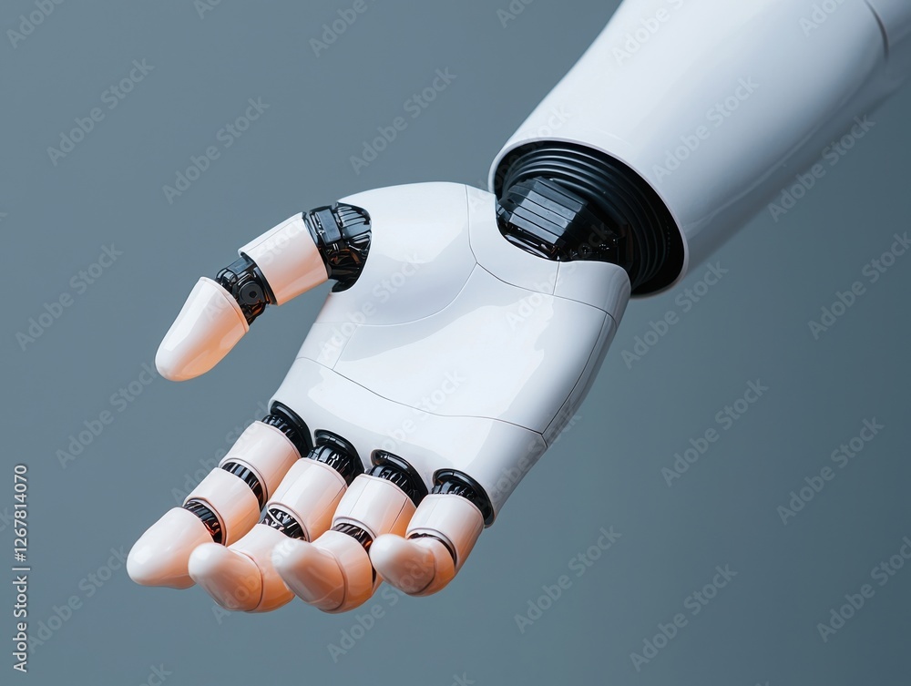Poster close-up of a robotic hand showcasing advanced design and mechanics.