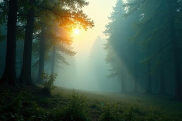 Sunlight filters through mist and fog in forest, trees, light, fog