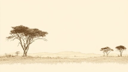 African savanna landscape, acacia trees, tranquil scene, travel poster