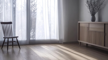 Natural light fills a minimalist room with a chair and a wooden cabinet near a window