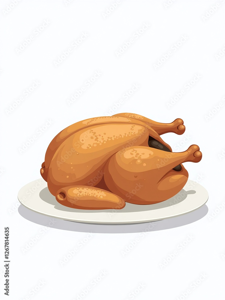 Poster a single whole roasted chicken is centered on a plain white plate against a clean and simple white b
