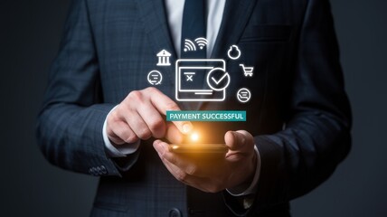 Man in suit using phone for successful payment online