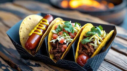 Three delicious tacos with colorful toppings served in a basket on a rustic table