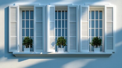 Bright window with white shutters and potted plants.