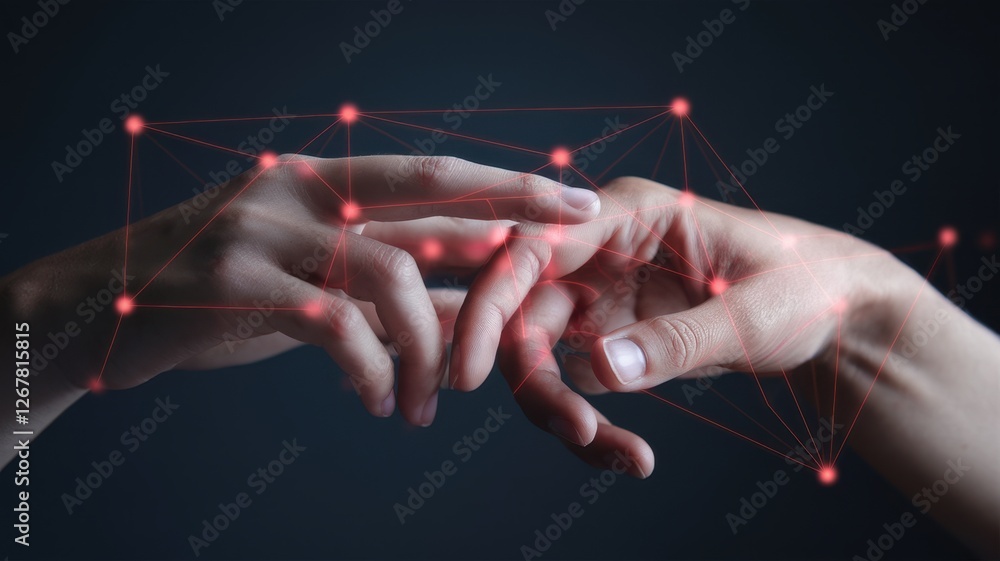 Poster two hands touching connected by digital red network lines