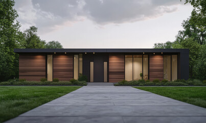 Obraz premium Modern house with sleek design and large windows set in a green landscape