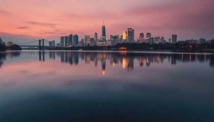The cityscape skyline glows at sunset, reflecting in the river's water under the evening sky