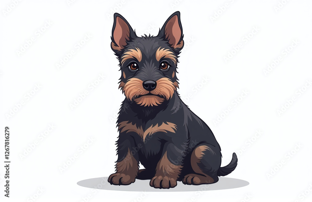 Poster a small scottish terrier with a cute face sits isolated on a plain white background in a studio sett