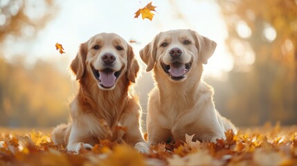 Two golden retrievers lounge together in a vibrant array of autumn leaves, radiating happiness and tranquility as sunlight filters through the trees behind them.