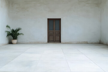 Empty interior with a wooden door and potted plant in a minimalist setting