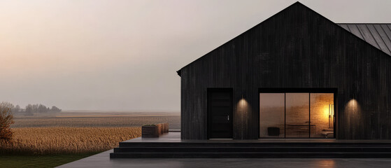 Fototapeta premium Modern black barn house design in rural setting at dusk with warm interior glow