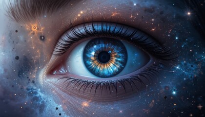A macro close-up of a woman's blue eye, the iris a vision of Earth from space