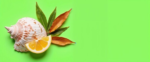 Obraz premium Bahamas Seasonal Transition: Seashell, Lemon Slice, and Autumn Leaves on Vibrant Green Background for Travel Blogs, Summer-to-Fall Designs, and Tropical Wellness Promotions