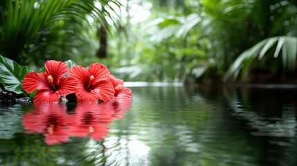 A trio of striking red hibiscus flowers adorns the calm surface of water, surrounded by lush foliage, capturing the essence of tropical beauty and nature's harmony.