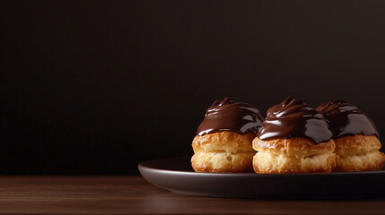 Chocolate filled cream puffs topped with shiny chocolate sugar, arranged on a plate, dark background