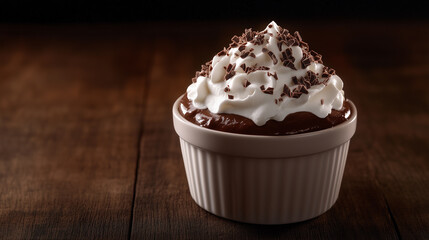 Chocolate pudding served in a ceramic plate, topped with fresh cream and grated chocolate.