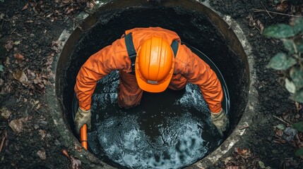 Obraz premium Worker Inspecting Sewer Line - A worker in an orange protective suit and helmet descends into a manhole to inspect a sewer line