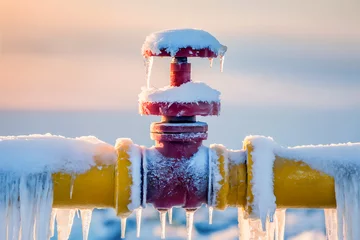 Frozen yellow gas pipeline with red valve