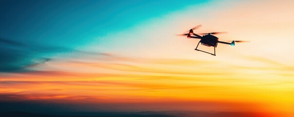 Obraz premium Drone flying over a vibrant sunset sky, showcasing technology.