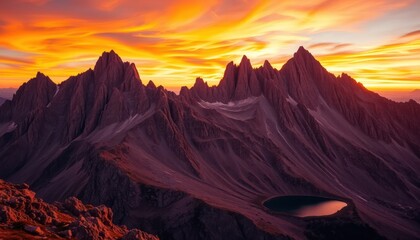 A vibrant sunset paints the mountain landscape with hues of red and orange