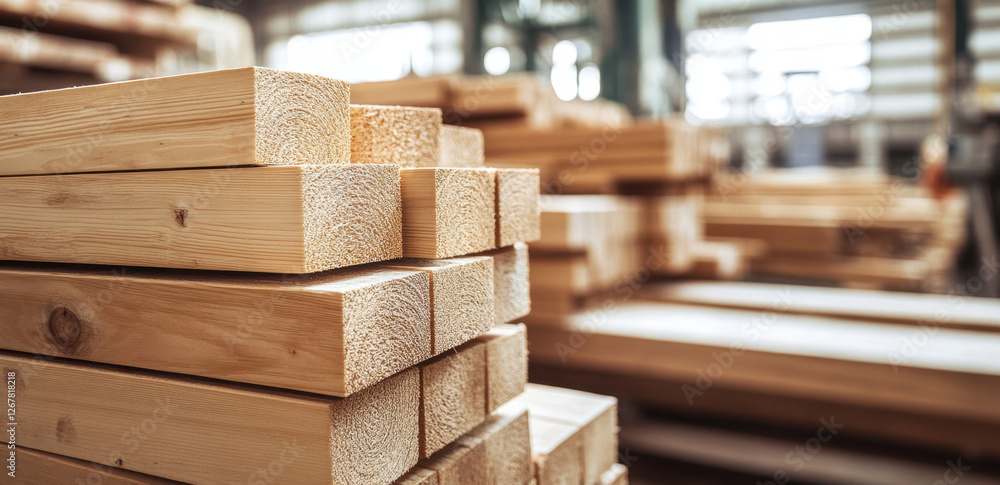 Poster wooden planks are organized in a neat stack inside a spacious workshop, illuminated by sunlight stre
