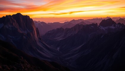 Majestic mountain peaks bask in the warm glow of sunrise and sunset, painting the sky with vibrant hues