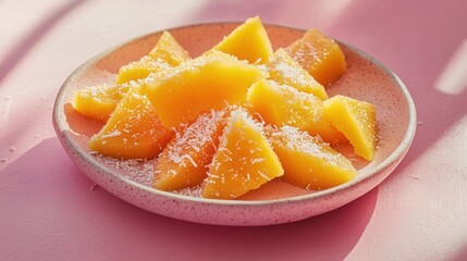 A dish of fresh, ripe fruit, artfully arranged with a dusting of grated coconut on a pink plate bathed in sunlight, creating a cheerful scene.