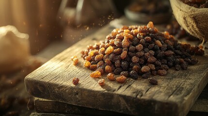 Pile of raisins on a rustic wooden board, illuminated by sunlight, showing a healthy, natural snack perfect for mindful eating.