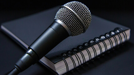 Obraz premium A close-up of a professional microphone and notebook, symbolizing pronunciation practice in a language course.