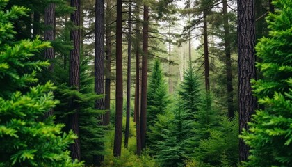 Sunlight filters through the tall pine trees in the morning forest