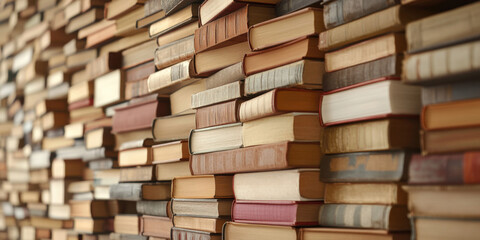 A wall displays an impressive collection of neatly stacked books, showcasing a variety of colors and textures, perfect for avid readers