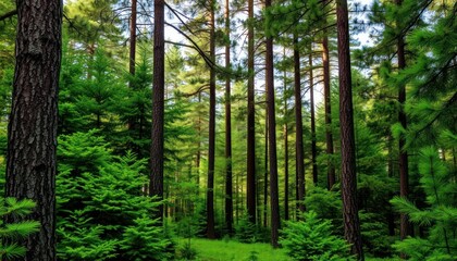 Green trees fill the forest with natural light