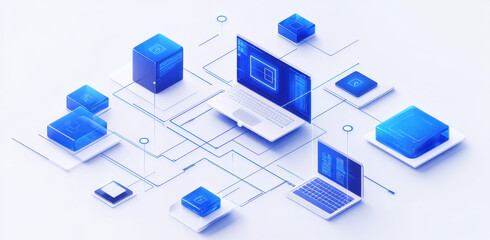 A digital workspace features laptops surrounded by data blocks, showcasing a modern technology layout in an isometric perspective