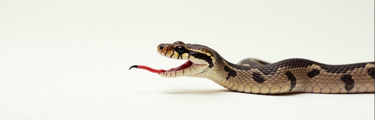 Fototapeta premium A Venomous Snake Displays Its Forked Tongue On A Plain White Surface, Captured In A Clear And Detailed Image. 00001