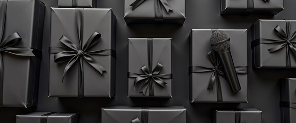 Sleek Black Gift Boxes with Microphone for Luxury Events, Music Industry Promotions, and Elegant Holiday Marketing Campaigns
