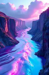 A flowing liquid metallic river with iridescent colors changing between silver, pink and bright blue.  Cliffs rise along the river's edges against a backdrop of clouds in shades of blue and lilac 