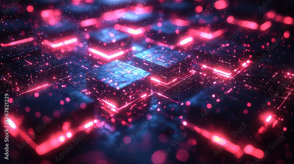 Poster abstract digital landscape with glowing cubes and particles.