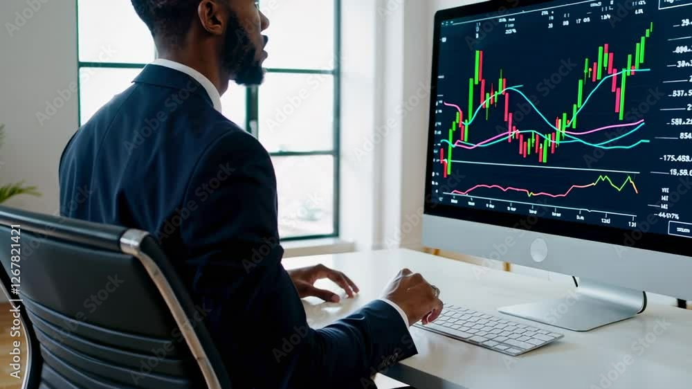 Poster financial analyst studying stock market charts on computer screen, executing detailed market researc
