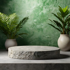 Natural stone and concrete podium in Natural green background for Empty show for packaging product presentation. Background for cosmetic products, the scene with green leaves. Mock up the pedestal.